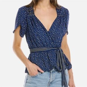 NWT Max Studio Tulip Short Sleeve Wrap Top Womens XS Blue Dots Peplum Tie Waist